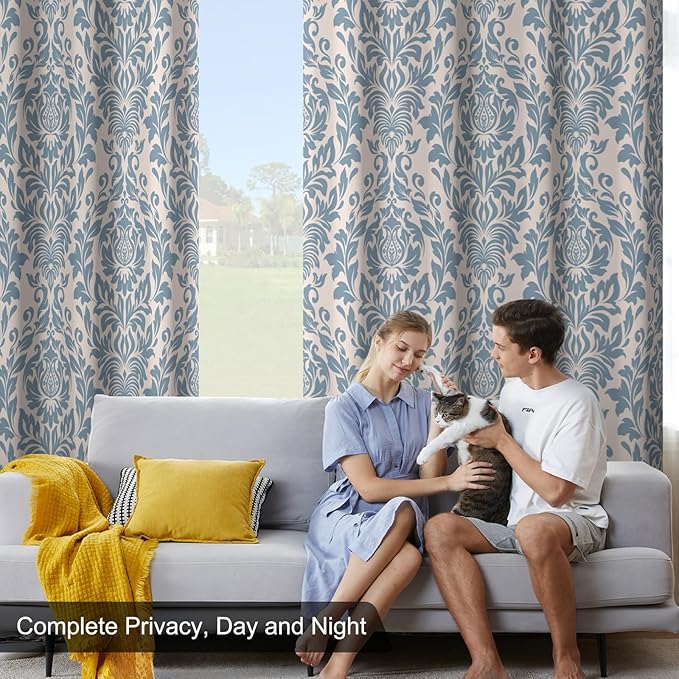 Bedroom Curtains 84 Inches Long, Blackout Curtains for Living Room Darkening, Vintage Damask Pattern Blue Curtain 2 Panels Set, Grommet Thermal Privacy Black Out Window Drapes for Bedroom Nursery