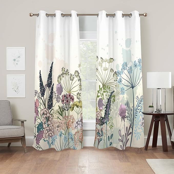 Renaiss Wildflowers Blackout Curtains Vintage Botanical Floral Plant Thermal Insulated Window Drapes for Bedroom 53W x 63L inches 2 Panel Set Window Curtain Panels for Kitchen
