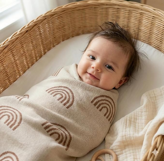 Baby Blanket for Girls and Boys - 100% Cotton Buttery Soft Cozy Receiving Swaddle Stroller Blanket for Shower Gift Registry for Newborns, Infants, Toddlers (Rainbow - Taupe)