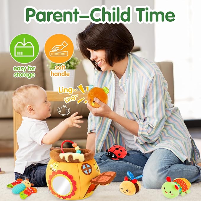 Baby Toys 6-12 Months - Soft Beehive with 5 Sensory Stuffed Animals, Rattle, Crinkle & Mirror, Montessori Toys for 6 7 8 9 10 Month Old Baby Boy Girl Valentines Gifts Easter Basket Stuffers Ages 0-2