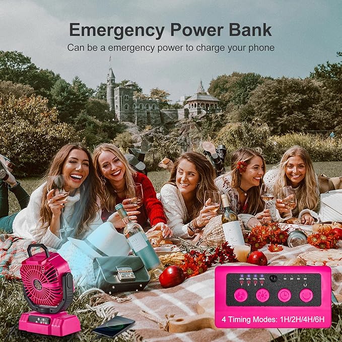 Odoland Portable Camping Fan with LED Lantern, 20000mAh Rechargeable Battery Powered Fan with Auto Oscillation, Timer, Remote, 360° Rotation Hook, 4 Speeds for Power Outage Travel Home, Pink