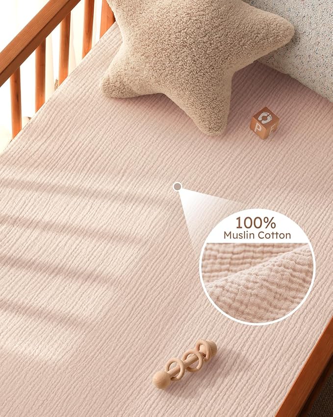 Muslin Pack and Play Sheets Fitted, 100% Cotton Mini Crib Sheets 2 Pack for Pack N Play Mattress, Stretchy Playard Sheet, Soft and Breathable Gradient Pink