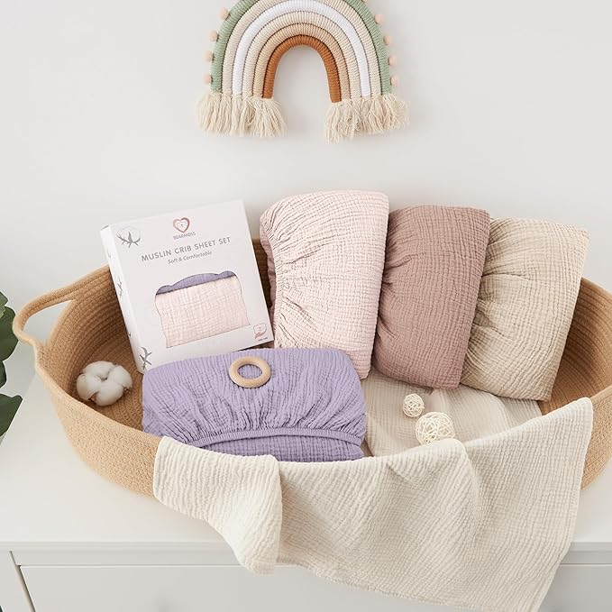 Bearmoss Muslin Crib Sheets - 100% Cotton Baby Crib Sheets Fitted for Standard Crib Mattress & Toddler Bed Mattress 52"x28" Soft Breathable Crib Sheet Neutral for Boys Girls - 2 Pack (Pink Purple)
