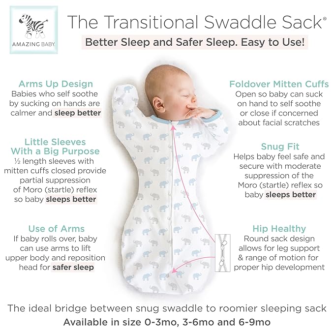 Amazing Baby Transitional Swaddle Sack, Arms Up Half-Length Sleeves & Mitten Cuffs, Swaddle for Newborn Transition to Baby Sleep Sack Wearable Blanket, Med, 3-6 month, 14-21 lb, Blue Tiny Elephants