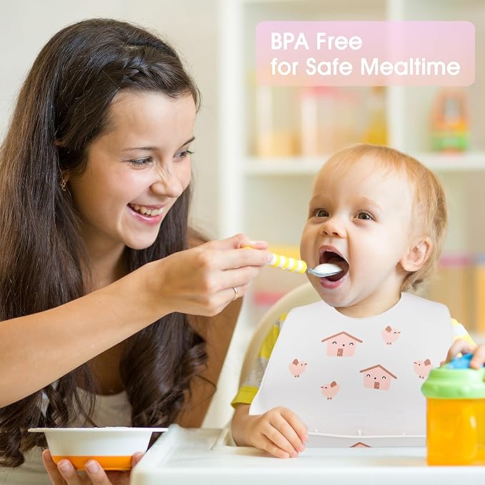 BEBE FAVOUR 2 Pack Silicone Baby Bibs Adjustable Fit Waterproof Bib With Leak Proof Food Pouch Catcher for Eating Boys Girls