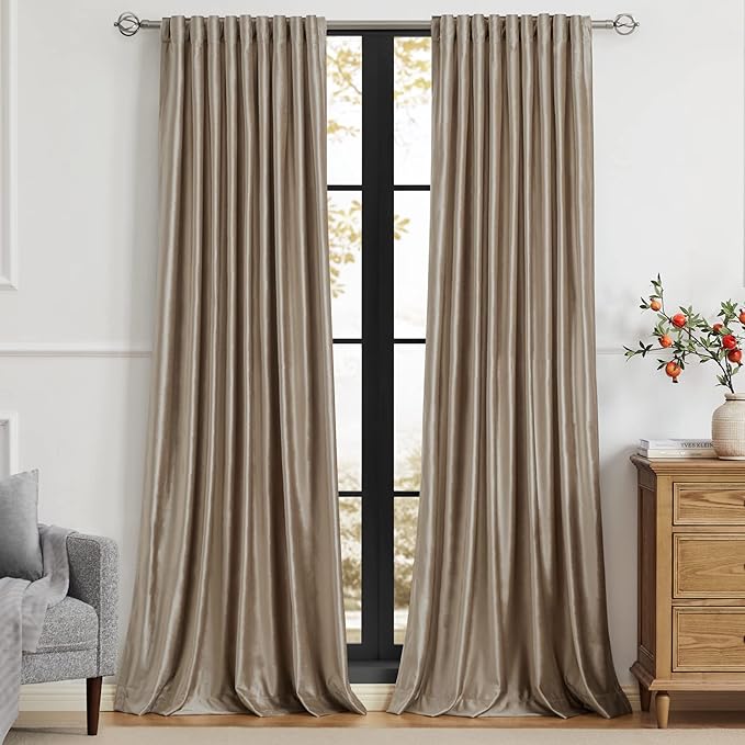 PRIMROSE Blackout Taupe Velvet Curtains, 120 inch Long for Living Room, Set of 2 Panels with Liner, Rod Pocket, Back Tab, Thermal, Room Darkening, Heavy Decorative Curtains