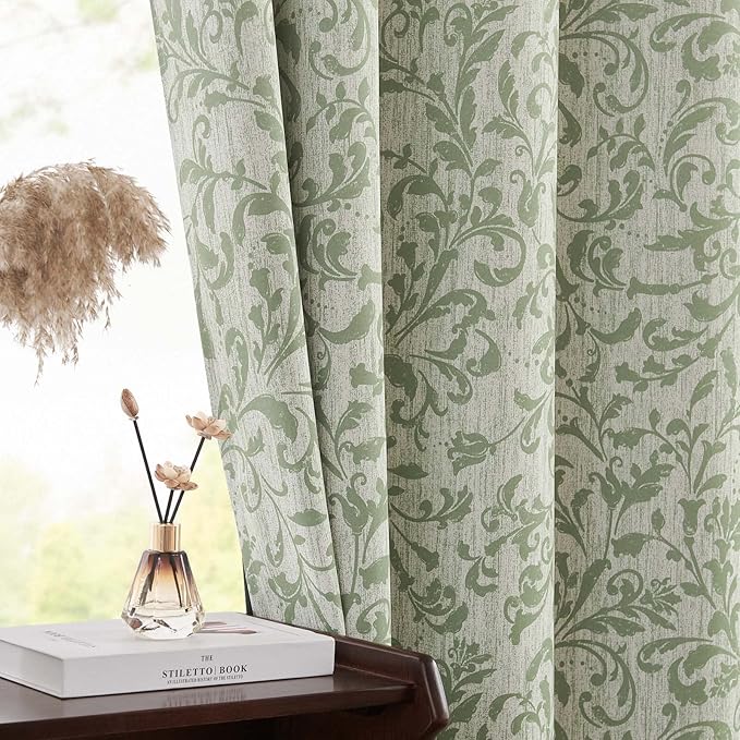 jinchan Blackout Curtains for Bedroom 84 Inches Long Green Scroll Floral Window Curtains for Living Room Farmhouse Vintage Drapes Thermal Insulated Grommet Window Treatments 2 Panels