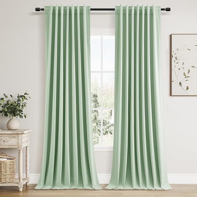 Guken 100% Blackout Curtains 108 Inch Length 2 Panels Set for Living Room Bedroom Back Tab Thermal Insulated Black Out Linen Drapes Room Darkening Window Curtains Aqua Green 52x108