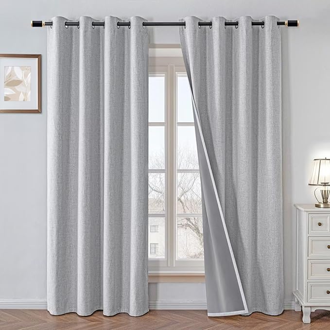 100% Blackout Curtains 90 Inch Long 2 Panels Set, Faux Linen Black Out Curtains for Bedroom Living Room, Thermal Insulated Room Darkening Drapes Grommet (W52 x L90, Off-White)
