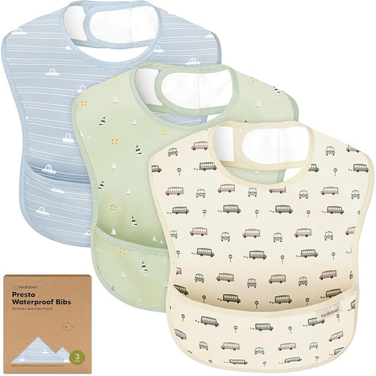 3-Pack Waterproof Baby Bibs for Eating - Lightweight Toddler Feeding Bibs with Large Food Catcher, Mess Proof, Food-Grade Baby Eating Essentials, Easy to Put On & Clean (Vessels)