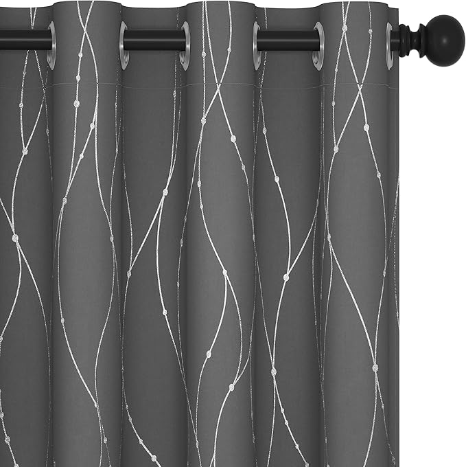 Deconovo Grey Blackout Curtains, Room Darkening Curtain, Thermal Insulated Noise Reducing Drapes, Wave Dots Silver Print, 52 x 63 Inch, Grommet Window Panels for Living Room Bedroom Nursery, Set of 2