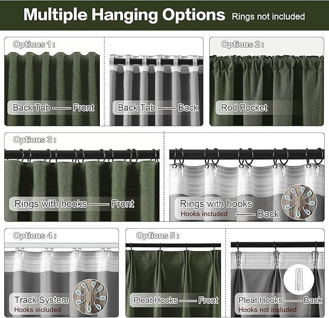 RAIN CITY Dark Olive Green Blackout Curtains Linen 63 Inches Long 2 Panels Set, Back Tab Pleated Look Thermal Insulated Curtains & Drapes for Living Room - Loden/Olive Forest W50 x L63