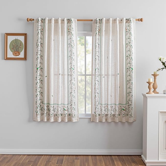 MYSKY HOME Boho Curtains for Living Room Linen Blend Leaf Bird Printed Curtains & Drapes 72 inches Length Farmhouse Room Decor Style Light Filtering Back Tab for Dining Room, Green, 50" x 72", Pack-2