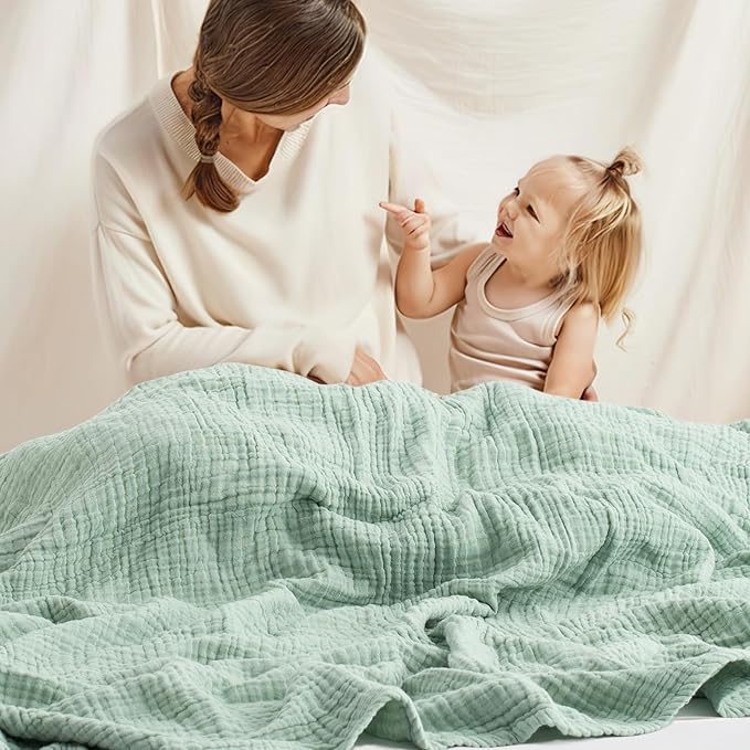 Carriediosa 100% Cotton Muslin Throw Blanket 90" X 90" Queen Size，4-Layers Summer Gauze Throws for Bed Couch，Soft Lightweight Breathable Linen Blankets Bedspread for Adults All Season，Sage Green