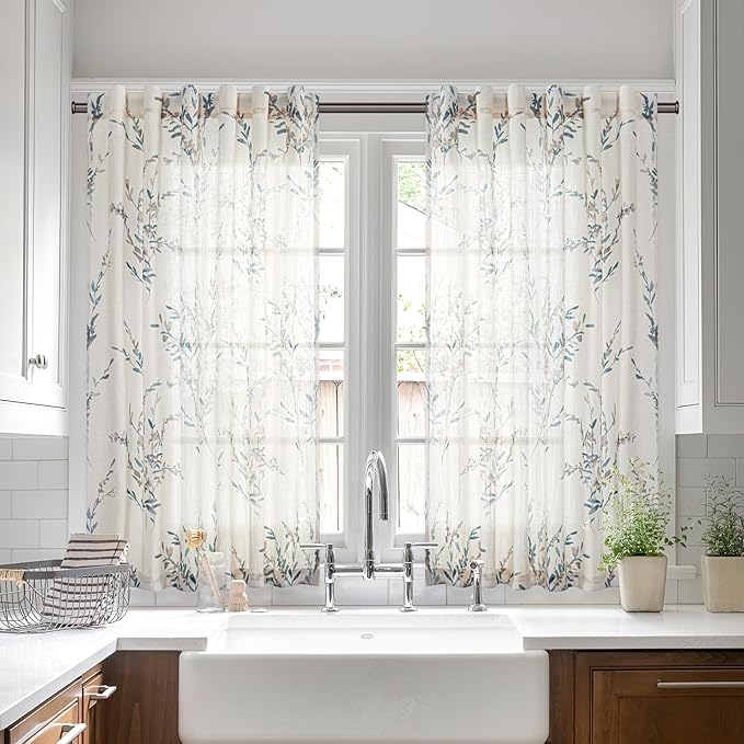 MYSKY HOME Flax Linen Sheer Curtains 45 Inch Length Floral Decorative Window Treatment Draperies Privacy with Light Through for Kitchen/Nursery/Bathroom, 50" Wide, Navy Blue, 2 Panels