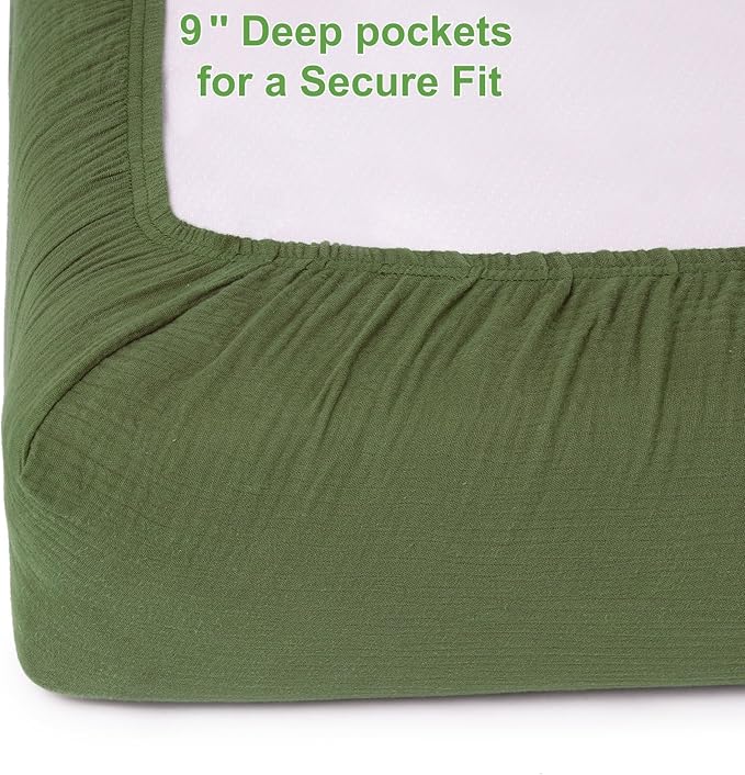 PET REJOIR 2 Pack Olive Green Muslin Crib Sheets for Boys & Girl- Neutral Breathable Cotton Crib Mattress Sheets Fitted for Standard 28"x 52"- Nursery Décor No Slip Crib Bed Sheets