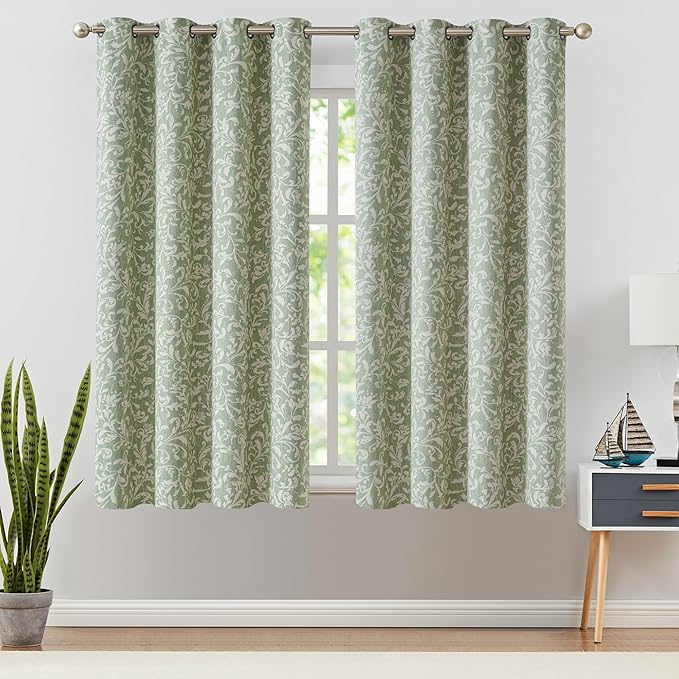 jinchan 80% Blackout Curtains for Bedroom, Farmhouse Drapes with Scroll Floral Patterned for Living Room, Grommet Top Thermal Insulated Curtains, Vintage Country Drapes 72 inch Length 2 Panels Green