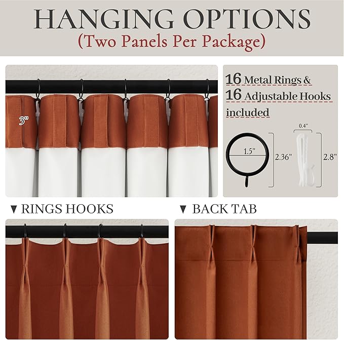 Fall Burnt Orange Curtains Blackout 54 Inches Long 2 Panels Set, Terracotta Autumn Color Decor Retro for Living Room/Bedroom Antique Copper Rust Boho 70s Window Pinch Pleated Linen Drapes (W40"xL54")