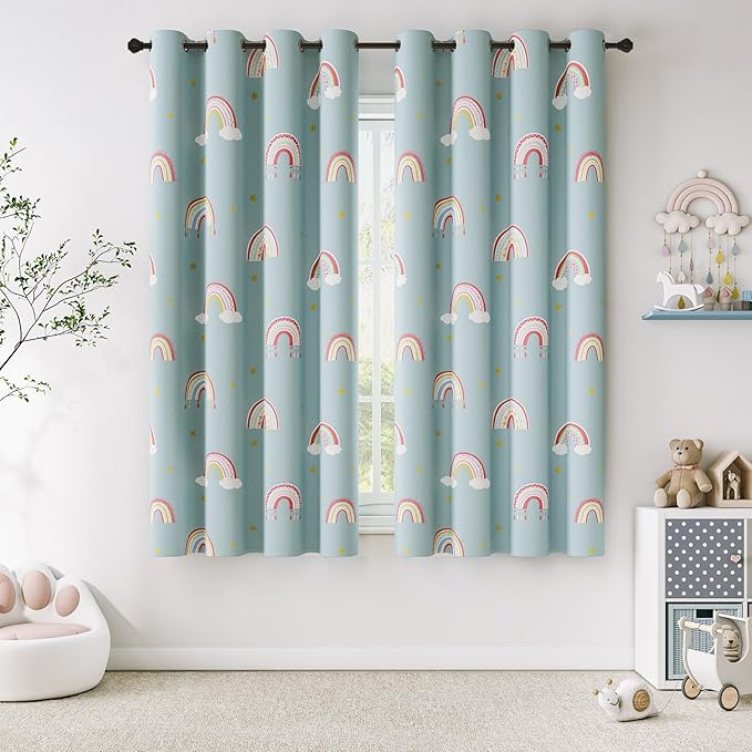 Vangao Easter Boho Girls 100% Blackout Curtains Pastel Blue for Kids Room 63 Inch Length, Rainbow Window Drapes for Living Room Nursery Thermal Insulated Room Darkening Bedroom Grommet 2 Panels