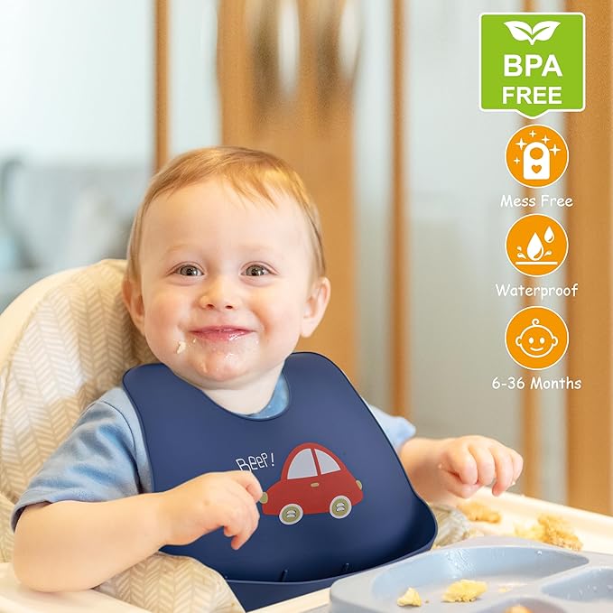 BEBE FAVOUR 2 Pack Silicone Baby Bibs Adjustable Fit Waterproof Bib With Leak Proof Food Pouch Catcher for Eating Boys Girls