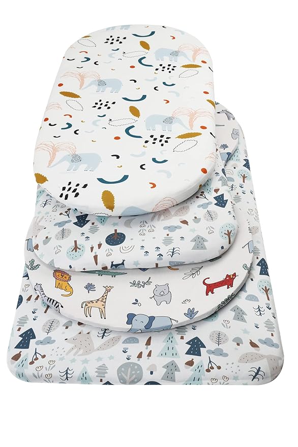 Onacosht Bassinet Sheets 3 Pack for Baby Boy and Girl, Soft Stretchy Universal Fitted Sheet Set for Oval Rectangle Hourglass Bassinet Mattress, Elephant Fox Lion Bear Giraffe Zebra Printing