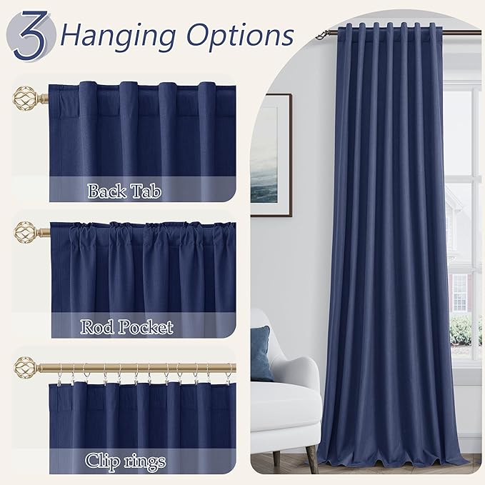 Guken 100% Blackout Curtains 80 Inch Length 2 Panels Set for Living Room Bedroom Back Tab Thermal Insulated Black Out Linen Drapes Room Darkening Window Curtains 80 Inches Long,Classic Blue