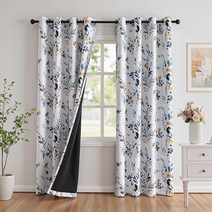MYSKY HOME 95% Blackout Floral Curtains 90 inch Long for Bedroom Living Room Flower Patterned Room Darkening Thermal Insulated Soundproof Grommet Window Treatments, 2 Panels, 52" Wide, Yellow and Blue