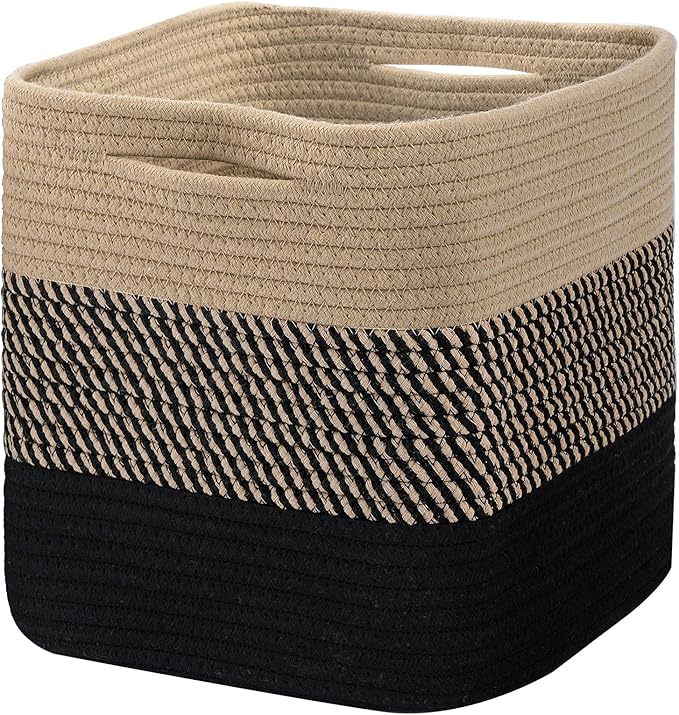 Cube Storage Bin 11" x 10.5" x 10.5" Cotton Rope Basket Square Woven Storage Basket for Shelves, Closet Organizer, Soft Towel Sock Basket, Gradient/Black Brown, 1 Pack