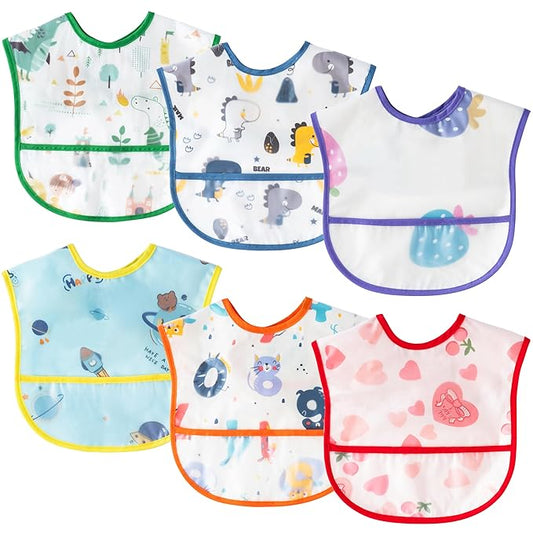 2ooya 6Pcs Baby Feeding Bibs with Crumb Catcher Pocket Waterproof Sleeveless Teething Plastic Food Bib Set Adjustable Toddler Infant Keepsake Gift for Baby Shower, 6-24 Months