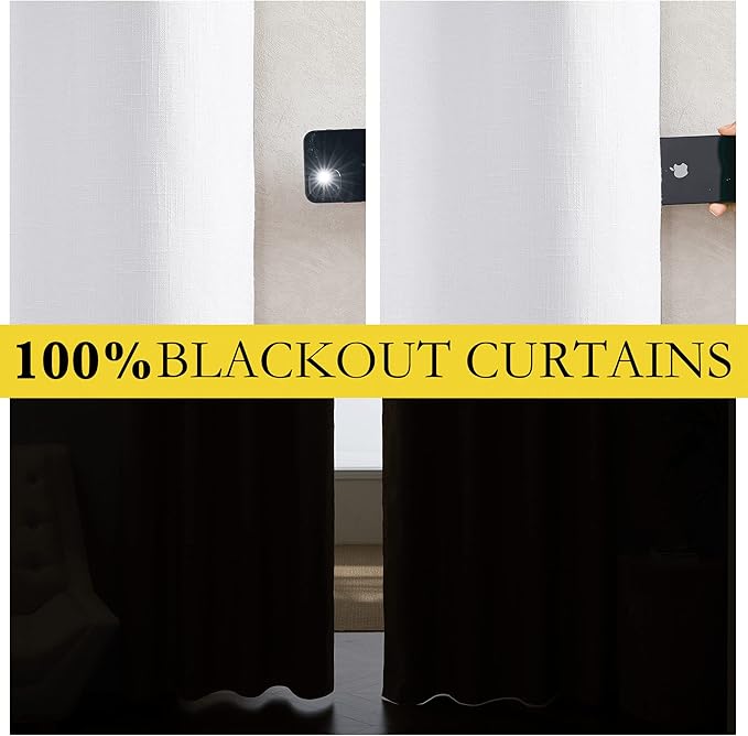 NICETOWN Rod Pocket 100% Blackout Linen Curtains for Living Room with Thermal Insulated Liner, White, 52" Wide, Long Curtains 95" Long 2 Panels Set, Thermal Insulated Privacy Drapes for Bedroom