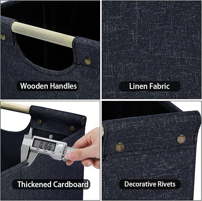HOONEX Collapsible Storage Bins, 12x12x12in Storage Cubes Linen Fabric, 3 Pack, Storage Baskets with Wooden Carry Handles and Sturdy Heavy Cardboard, for Home, Office, Car, Nursery, Dark Grey