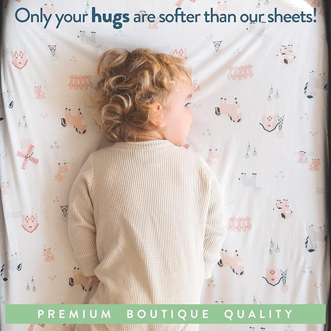 Bassinet Fitted Sheets for Delta Children and Simmons Kids Bassinet - Fits 16 x 32 Inch Oval Bassinet Mattress Pad – Snuggly Soft 100% Jersey Cotton – Farm Animals – 2 Pack
