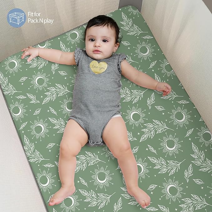 Baby Mini Crib Sheets Boy, Portable 38”x26” Pack and Play Sheets Fitted for Playard and Pack N Play Mattress, 3-Pack Soft Microfiber Blue Green Starry Sky