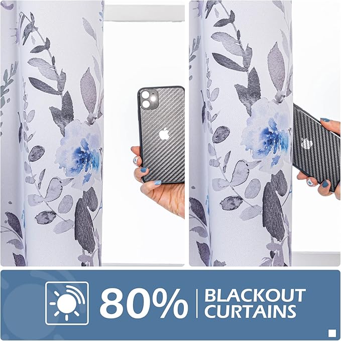 MYSKY HOME Curtains for Bedroom Blue Floral Blackout Curtains 63 inch Long 2 Panels for Living Room Darkening Curtains Thermal Insulated Vintage Painting Flower Leaf Grommet Top Drapess