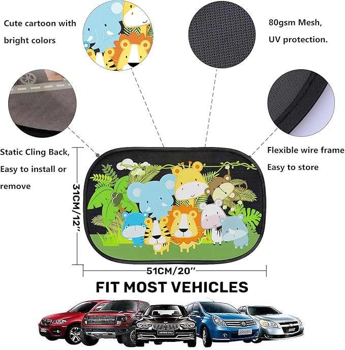 MOVINPE Car Sun Shade for Baby Kids 2 Pack Static Cling Side Window Car 80GSM Rear Sunshades Universal with 8 Suction Cups and Storage Bag - Sun Glare and UV Rays Protection (Cute Animals)