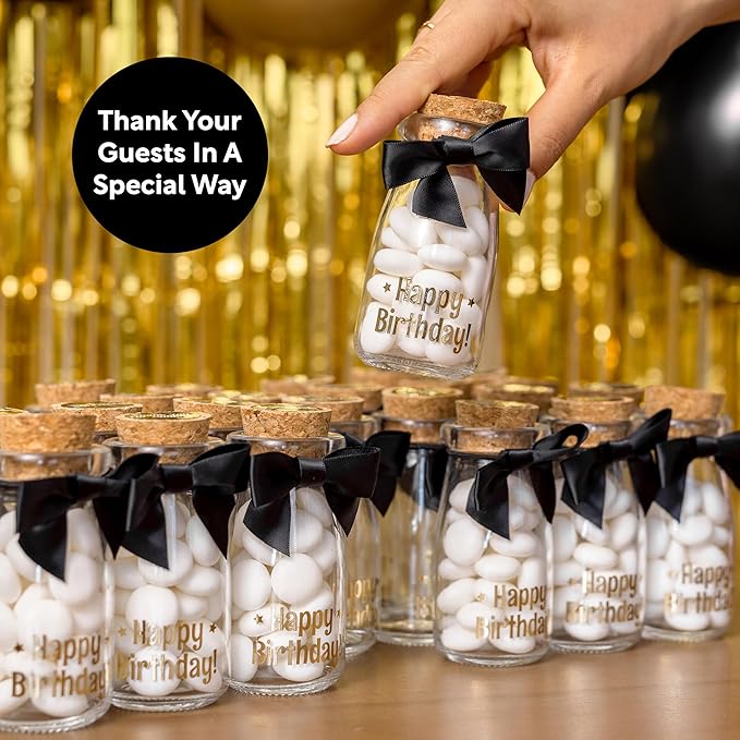 Ethisa Vintage 24 Pack Adult Birthday Party Favors Glass Bottles with Ribbons and Stickers - Classy Happy Birthday Favors and Table Centerpieces Decorations - Sturdy Candy Jar for Guests