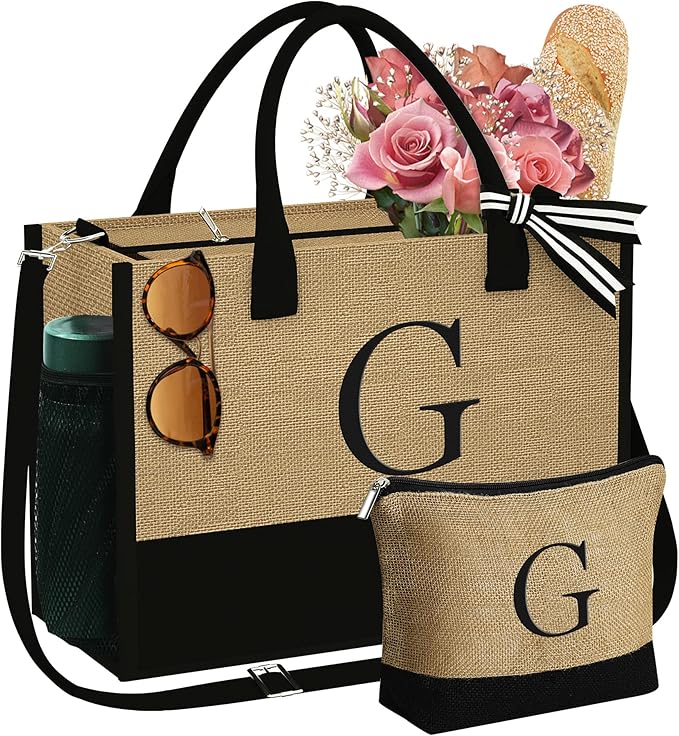 YOOLIFE Valentines Day Gifts for Her - Initial Jute Tote Bag & Makeup Bag, Birthday Gifts for Women Teacher Mom Wife Friend