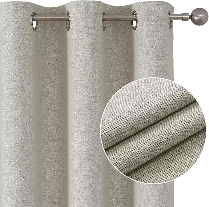 Joydeco Light Beige Black Out Curtains 63 Inch Long 2 Panels Set for Bedroom, 100% Blackout for Living Room, Faux Linen Short Small Textured Grommet Drapes