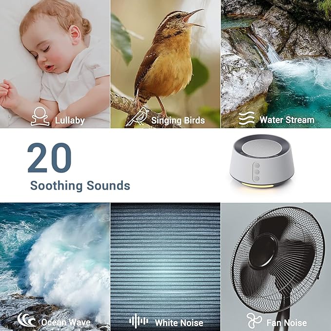 BGOVERSS White Noise Sound Machine with 20 Soothing Sounds, 10 Colors Night Light Sleep Machines Home Office Travel, 5 Timers and Memory Feature Sound Machine for Nursery Baby Kids Adults (Grey)