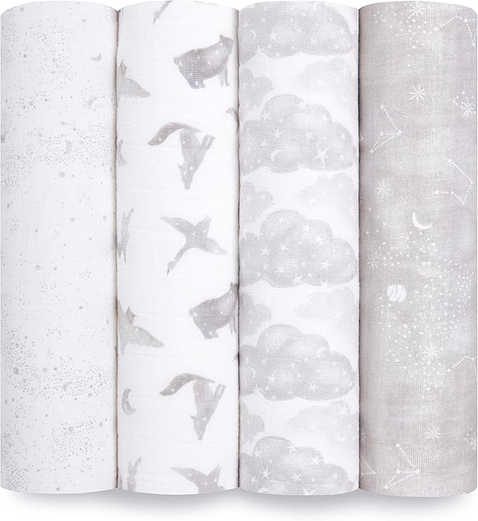aden + anais Boutique Organic Swaddle Blanket 4-Pack – 100% Organic Cotton Muslin, Large, Soft, Breathable Receiving Blankets for Infants – Lightweight Multi-Use Baby Swaddles, Map The Stars