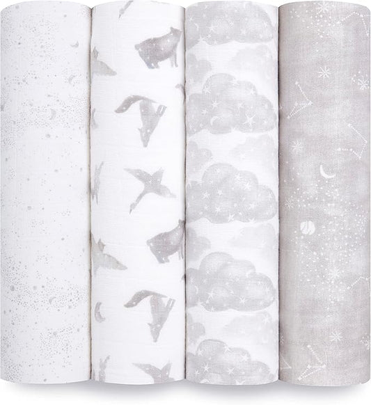 aden + anais Boutique Organic Swaddle Blanket 4-Pack – 100% Organic Cotton Muslin, Large, Soft, Breathable Receiving Blankets for Infants – Lightweight Multi-Use Baby Swaddles, Map The Stars