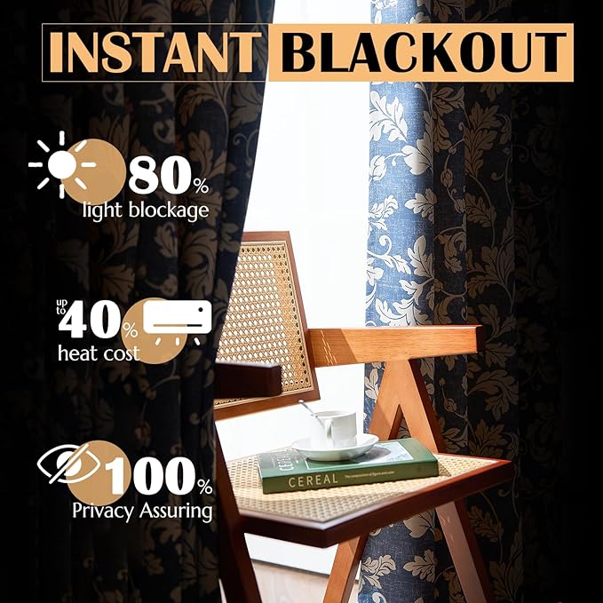 jinchan 80% Blackout Curtains for Bedroom, Blue Scroll Leaf Patterned Curtains 84 inch Length for Living Room, Farmhouse Vintage Drapes, Thermal Insulated Window Treatments, Grommet 2 Panels Blue