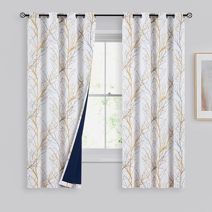 FMFUNCTEX 100% Blackout Curtains for Living Room, Yellow Grey Curtains 63 Inch Length Tree Branch Patterned Curtains for Bedroom, Thermal Insulated Farmhouse Window Treatment, Grommet Top 2 Panels