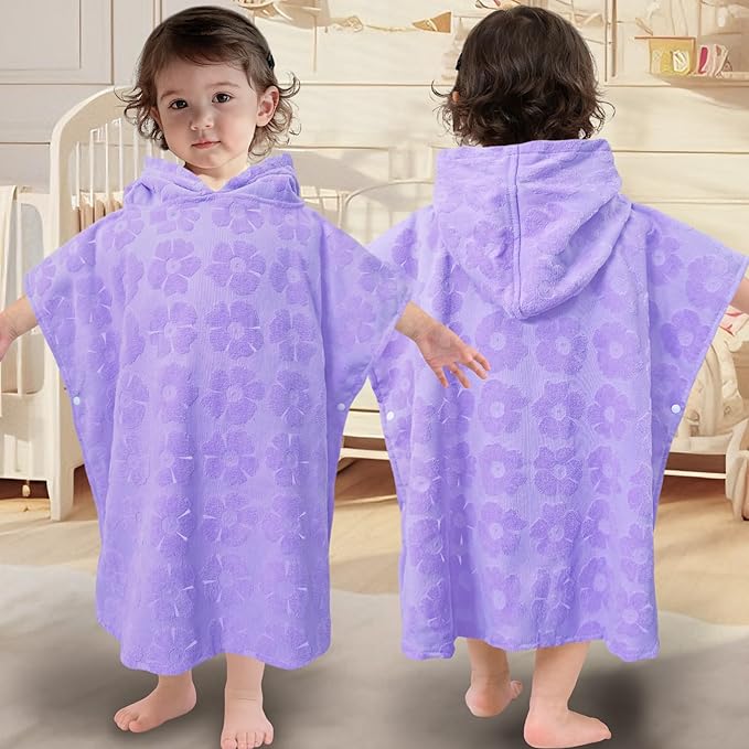 Toddler Bath Towels with Hood, Oversized (2-4Years,22"X22") Made from 100% Soft Cotton,Absorbent Hooded Poncho Towel for Baby Boy,Perfect for Pool | Swimming | Bath | Beach,Jacquard Purple Flower