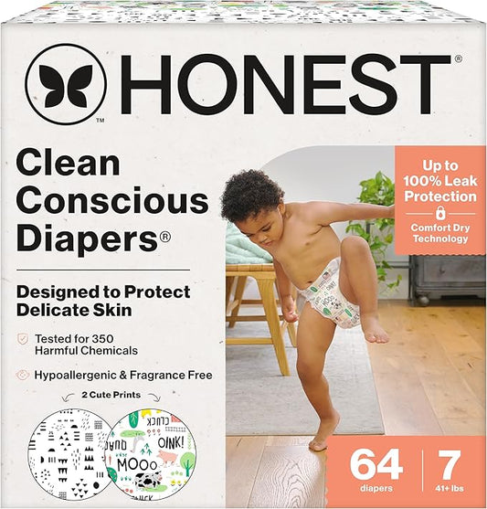 The Honest Company Comfort Dry Disposable Diapers for Sensitive Skin, Hypoallergenic, Barnyard Babies + Pattern Play, Super Club Box, Size 7, (41 lbs), 64 Count
