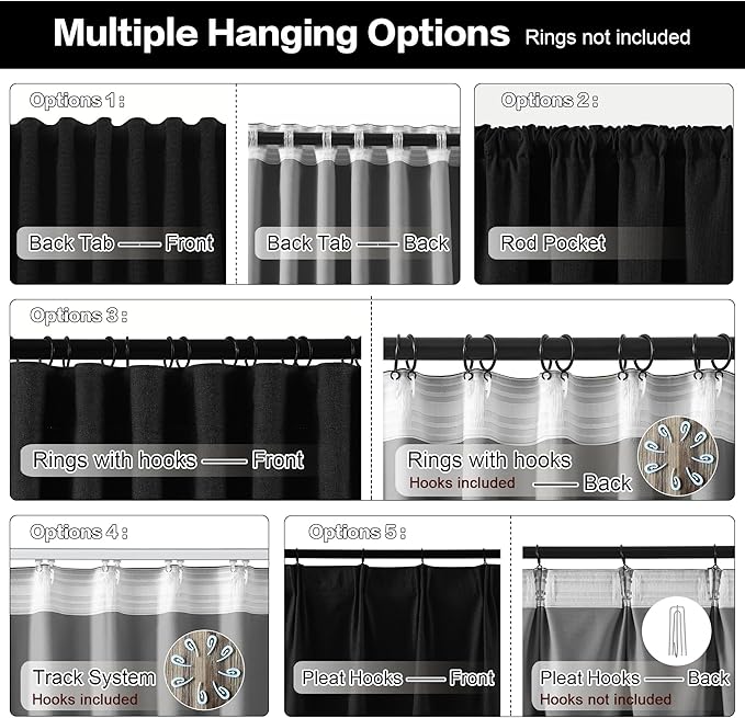 RAIN CITY Black Blackout Curtains 100 Inches Long, Custom Made Textured Linen Black Out Pleated Look Curtains with Hooks Window Drapes for Bedroom Living Room-50x100-inch 2 Panels Set