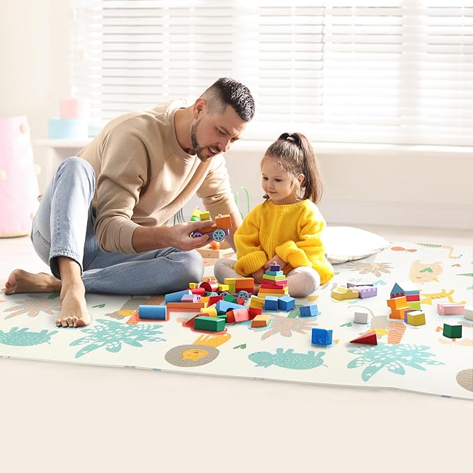 Bammax Extra Large 78" x 70" x 0.4" XPE Foam Baby Play Mat with Travel Bag | Waterproof, Foldable & Reversible Padded Playmat | Baby Crawling & Kids Play Mat – Giftable Design, Dinosaurs & Safari Animals