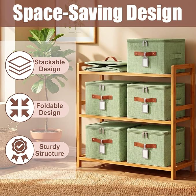 6 Pack Fabric Closet Storage Bins with Zipper Lids and Label, 10×8×7In Large Size Foldable Cotton Linen Storage Cubes Boxes with PU Leather Handles Holders for Bedroom, Shelf, Nursery, Green