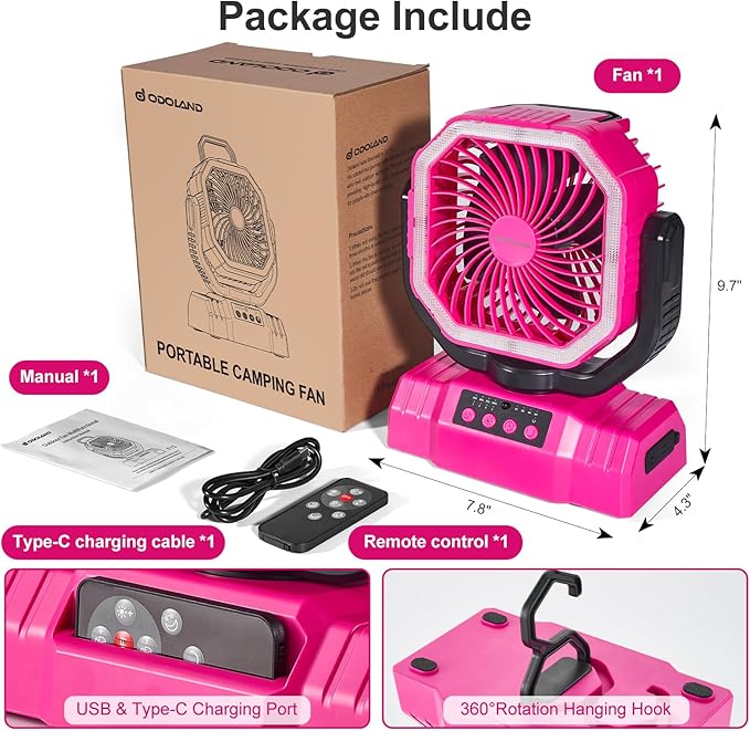 Odoland Portable Camping Fan with LED Lantern, 20000mAh Rechargeable Battery Powered Fan with Auto Oscillation, Timer, Remote, 360° Rotation Hook, 4 Speeds for Power Outage Travel Home, Pink