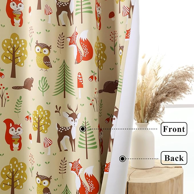 L.Z.E Cream Kids Curtains for Bedroom Nursery, 85% Room Darkening Blackout Thermal Insulated Drapes for Boys Girls Room, Beige Cute Animals Printed Design Grommet Top 2 Panels Set, 52 x 96 Inch
